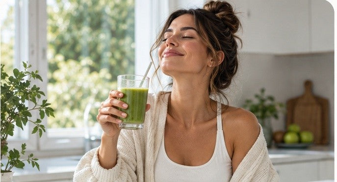 Woman enjoying a morning wellness routine representing digestive health